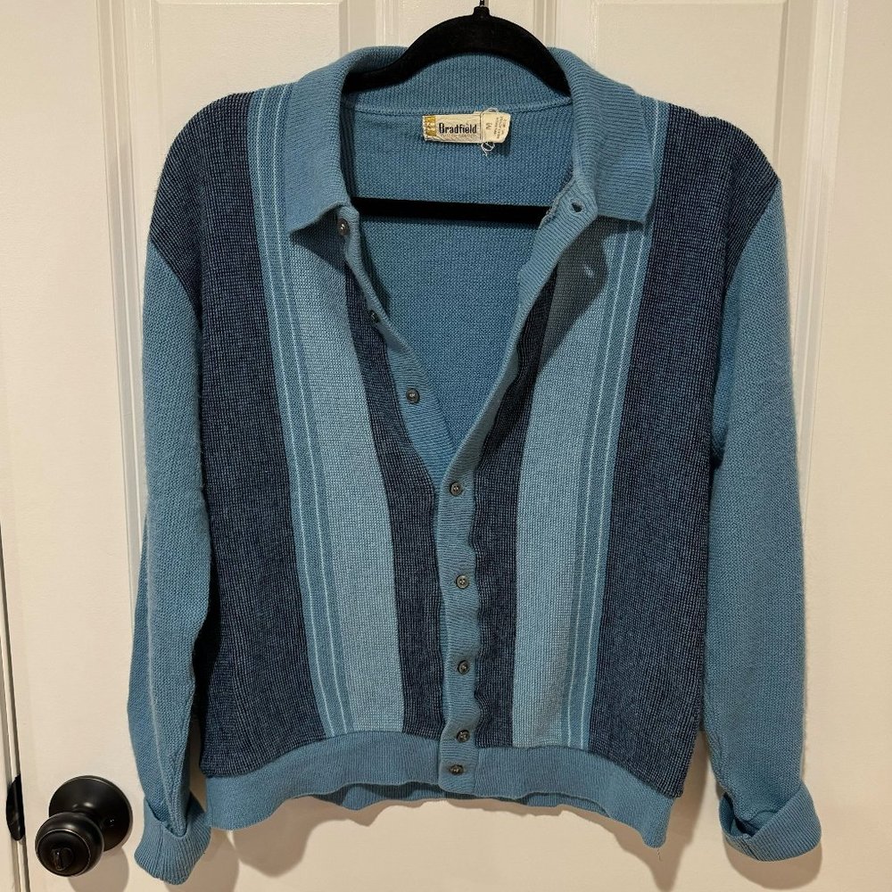 Vintage Bradfield Blue Tri Color Button Collar Cardigan -‎ Size Medium